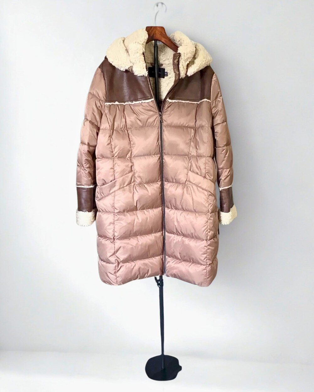 Tahari Demi Long Puffer Coat XXL Faux Shearling Faux Leather Hood NWT